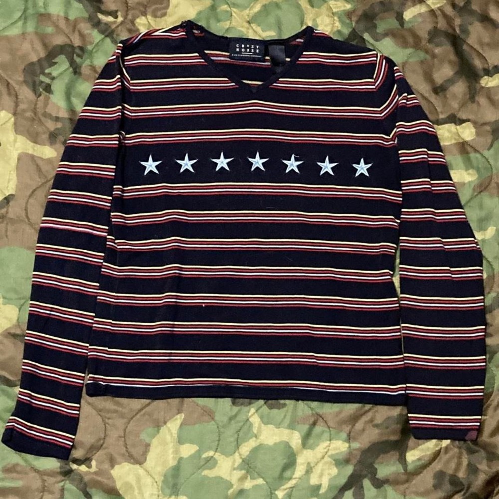 Crazy horse 90/2000s embroidered‎ long-sleeve striped shirt flaws